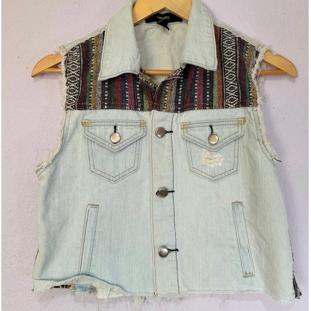 Forever 21 Denim Vest Women Aztec Size S Distressed‎ Frayed Hem Boho Festival